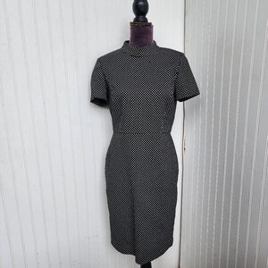 J Crew Short Sleeved Sheath Dress Black White Gold Dots Lined Turtle Neck Sz 4